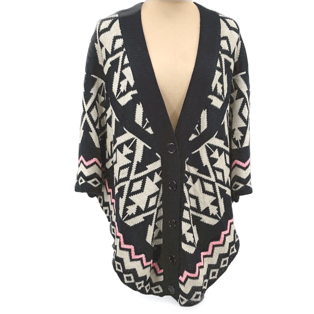 Rhapsody Geometric Aztec Tribal Print Cardigan Sweater‎ Navy Beige Pink L G